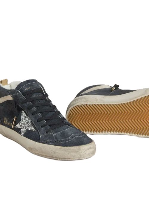 Mid Star Donna in suede blu petrolio con stella in glitter argento e virgola in cotone Golden Goose | GWF00122.F007917.50970BLUE/SILVER/BEIGE